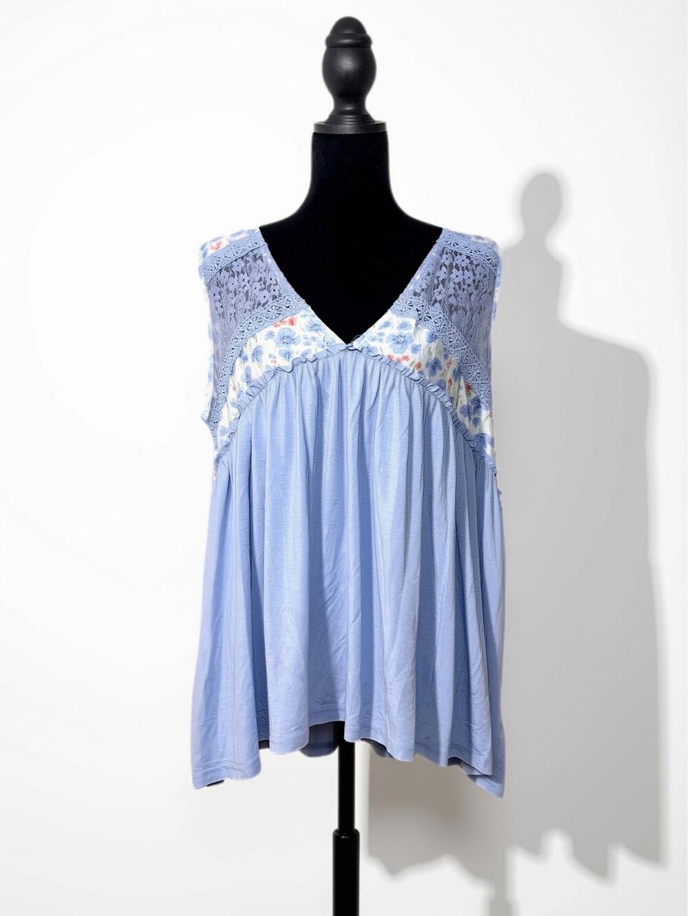 Pol Blue Coral Floral Print Babydoll Flowy Tunic Top Coastal Twee Size Medium